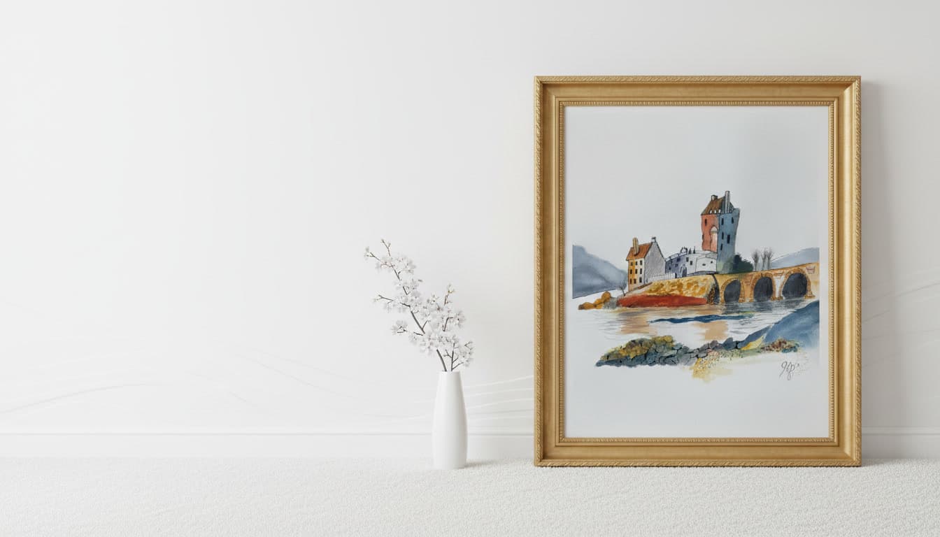 A gold-framed Geordie's Art print resting against a wall beside spring blossom