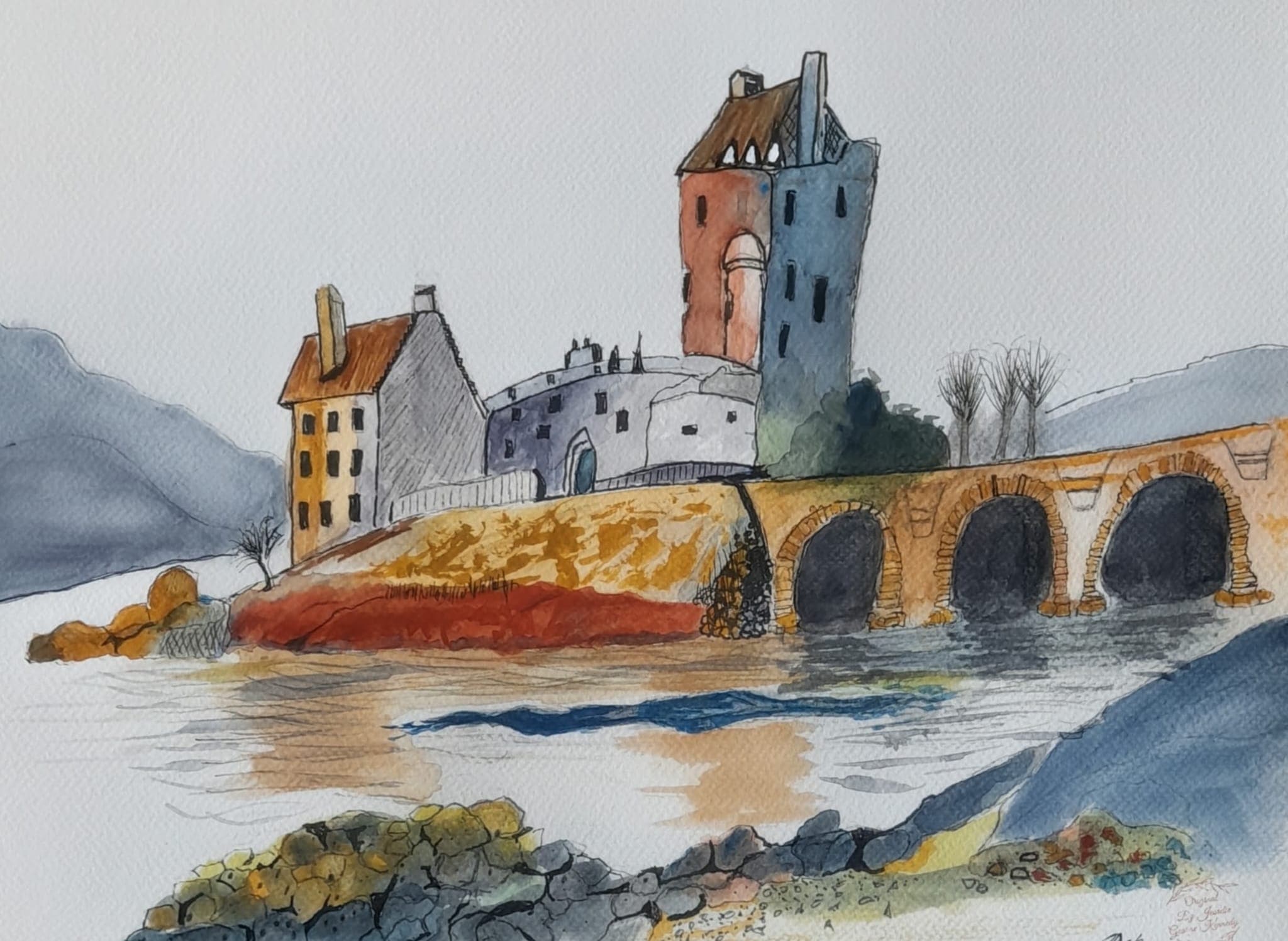 Watercolour of a Scottish castle beside a stone bridge over a loch