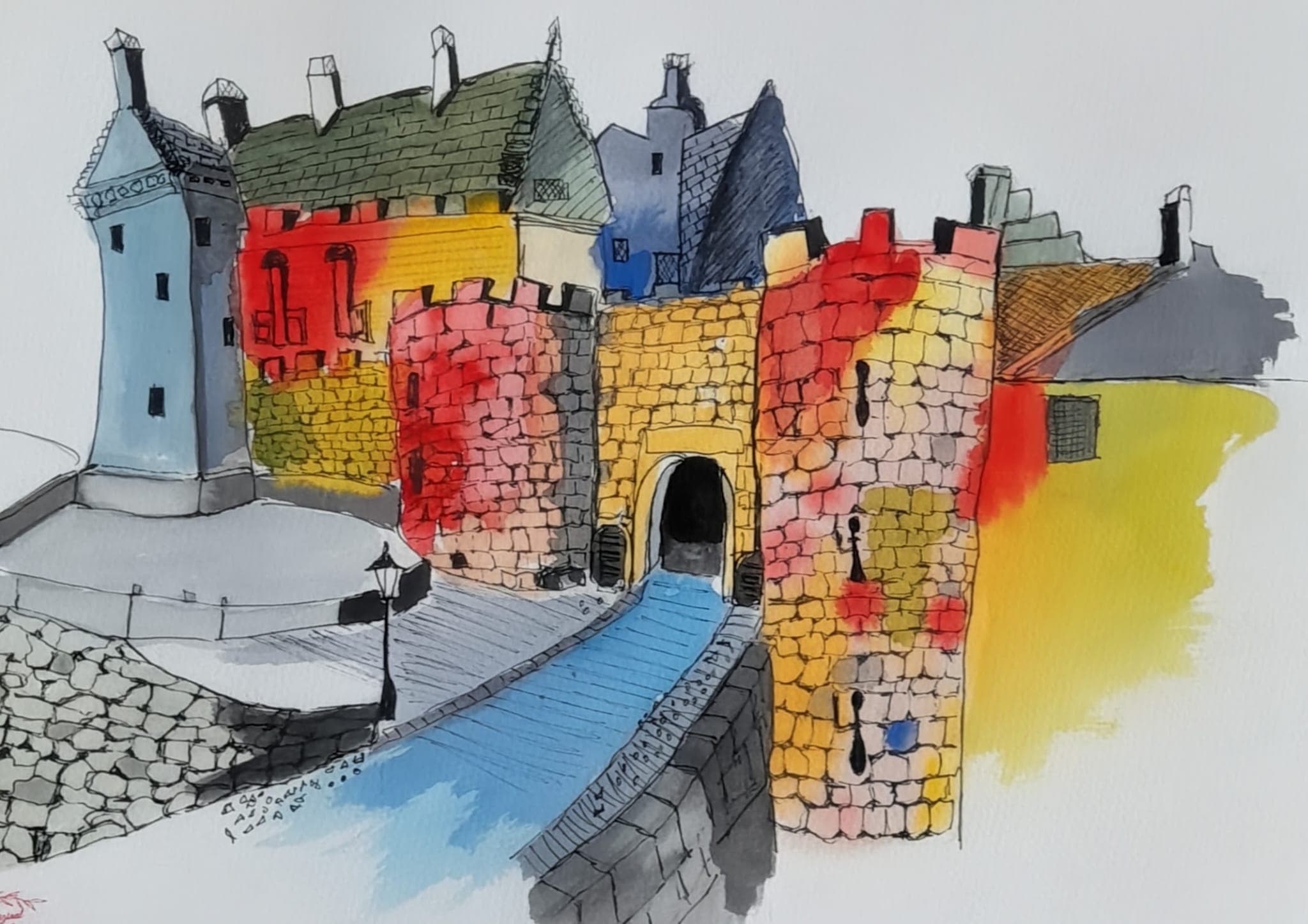 Colourful watercolour of a medieval walled-town gate and towers